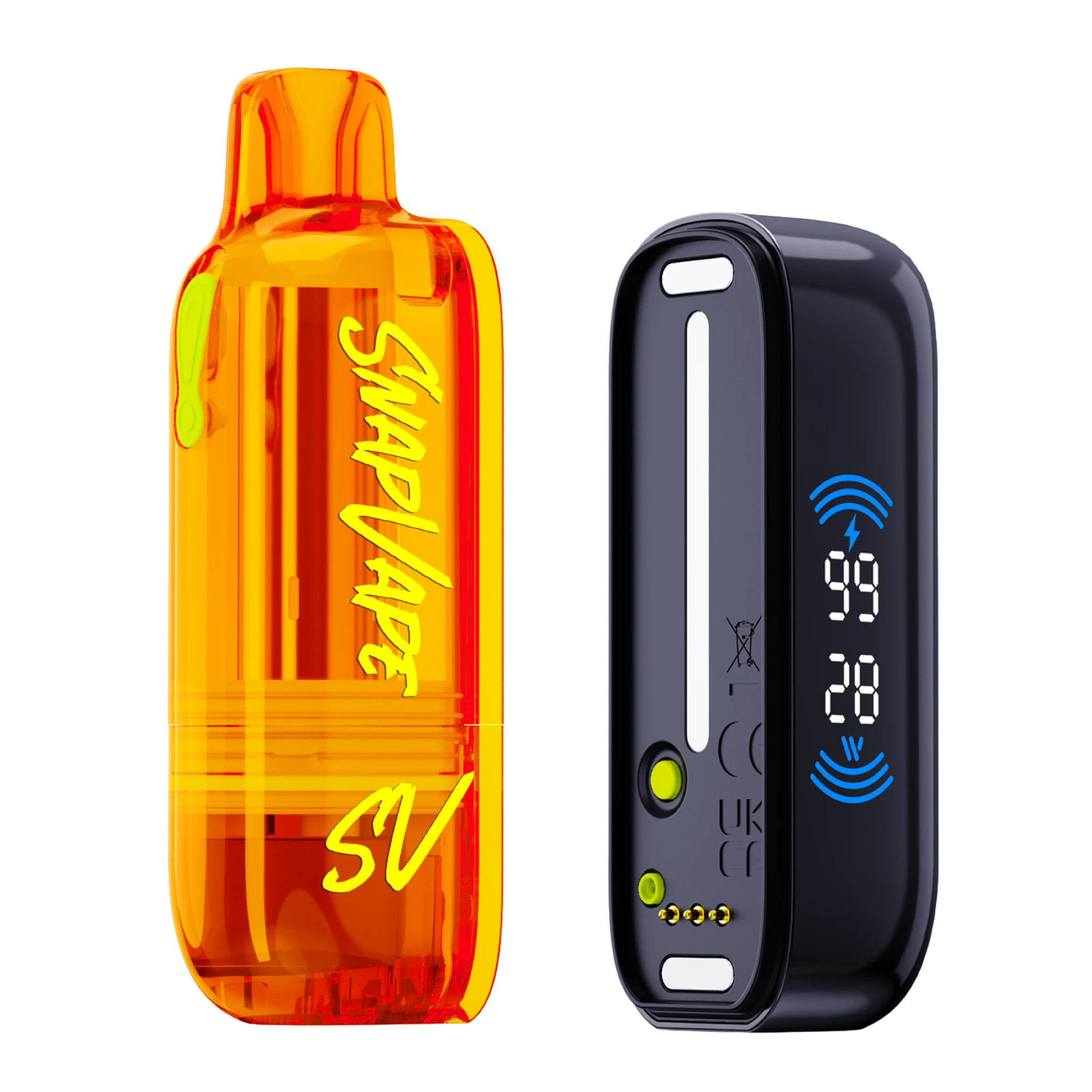 SnapVape Gerät mit orangefarbenem 10-ml-Pod und schwarzem Device mit Display